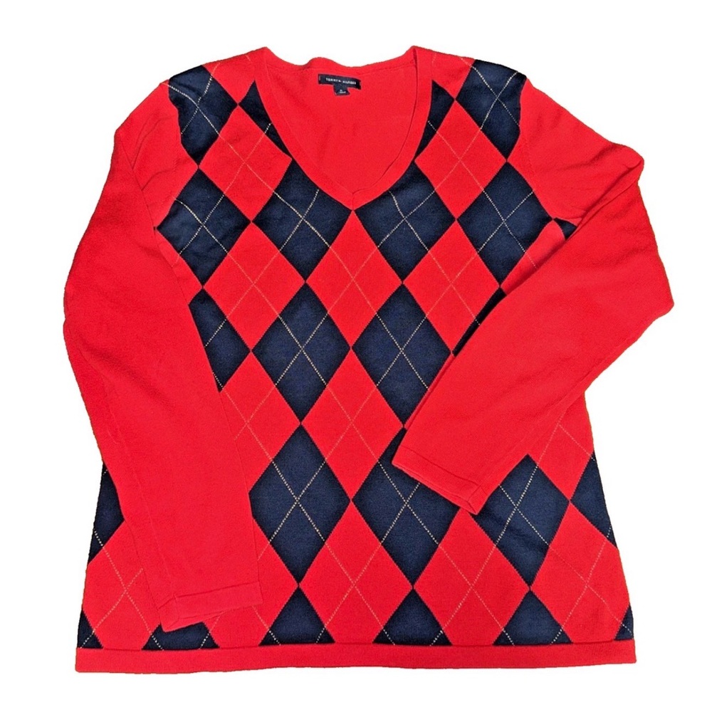 Tommy Hilfiger V Neck Red Navy Diamond Argyle Medium Women's‎ Preppy Office Wear